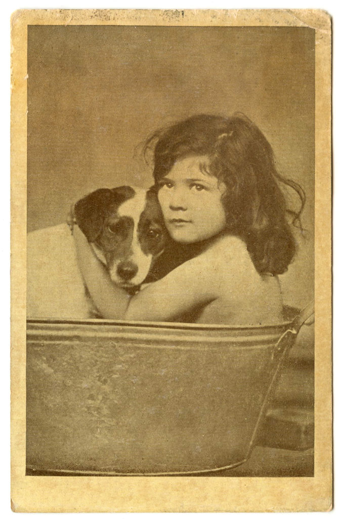 Old Photo Girl with Dog in Bath