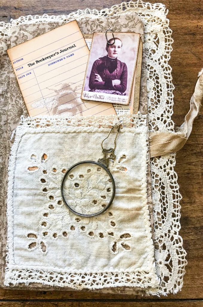 Beekeeper's Junk Journal library card and lace