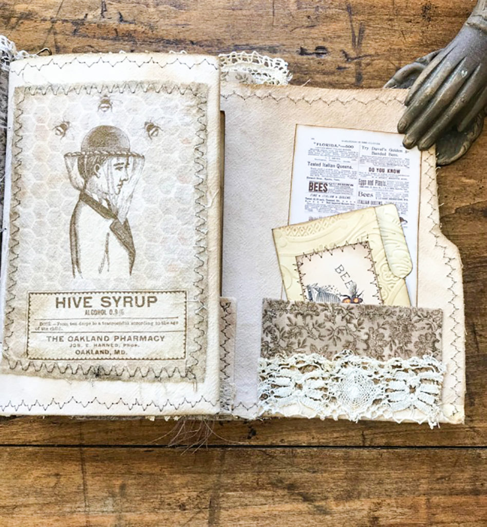 Beekeeper's Junk Journal sewn coffee stained papers