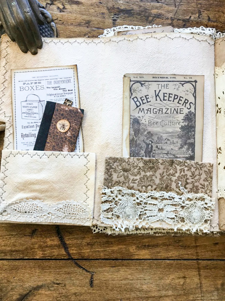 Beekeeper's Junk Journal tiny book and magazine in fabric pockets