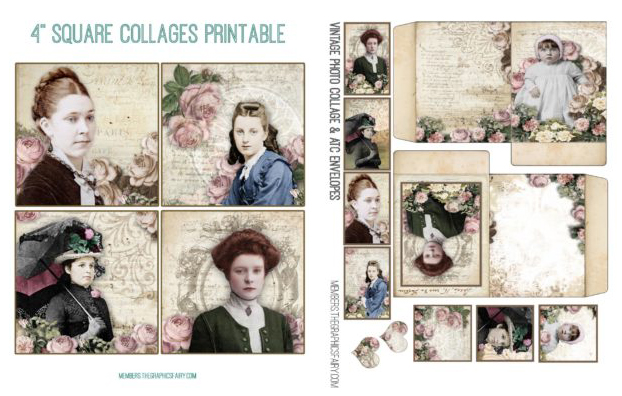 Antique photos of people collage envelopes with flowers