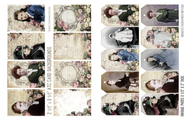 Antique photos of people collage tags with flowers