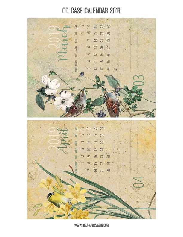 2018 Calendar pages with birds and flowers