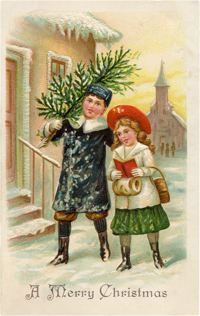 Christmas Children in Snow Walking on Sidewalk