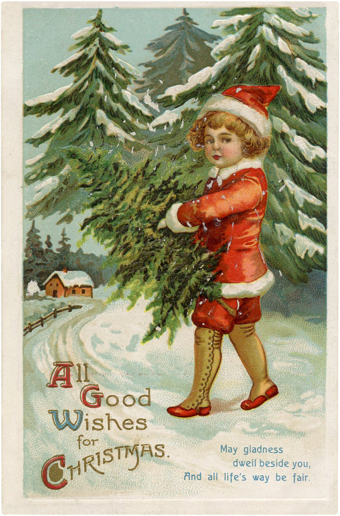 Christmas Children in Snow Postcard Little Boy Carrying Christmas Tree