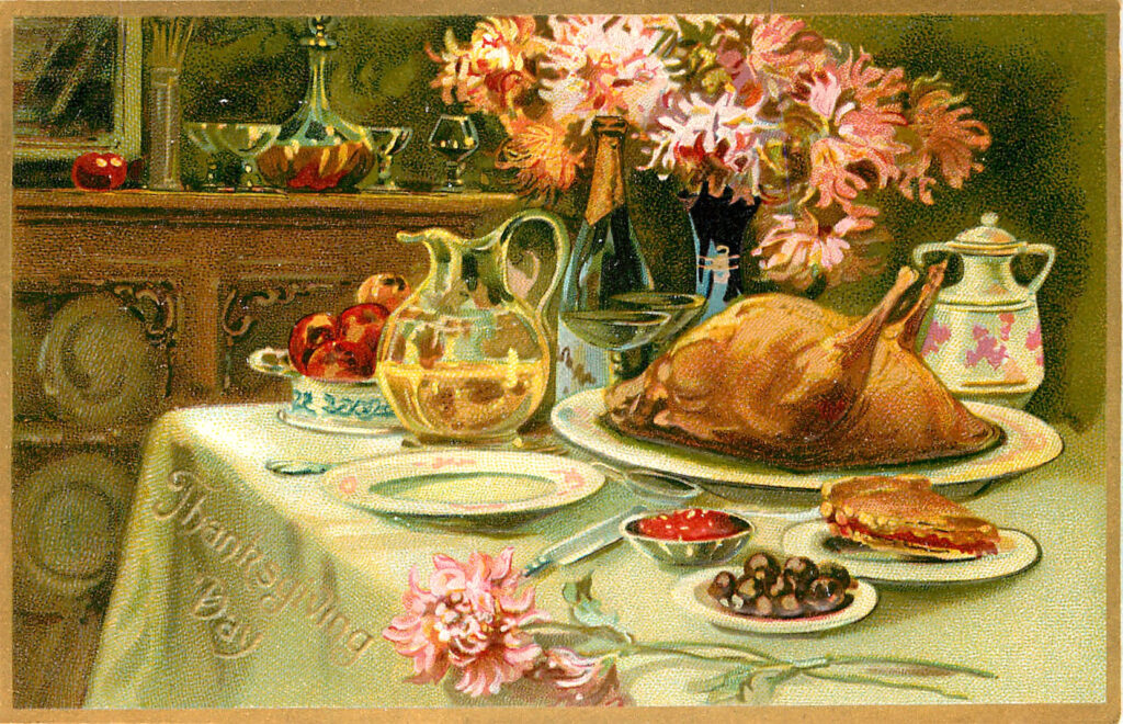 Roast Turkey image on Table with Thanksgiving dinner