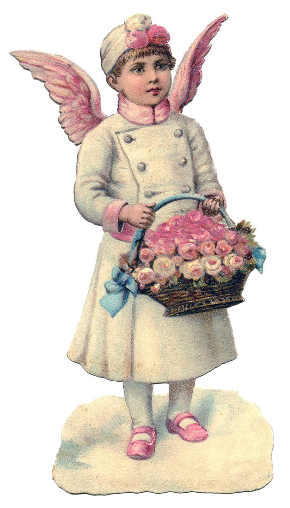 Angel with Pink Wings and White Coat Basket of Flowers