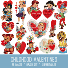 Retro valentines with kids and hearts