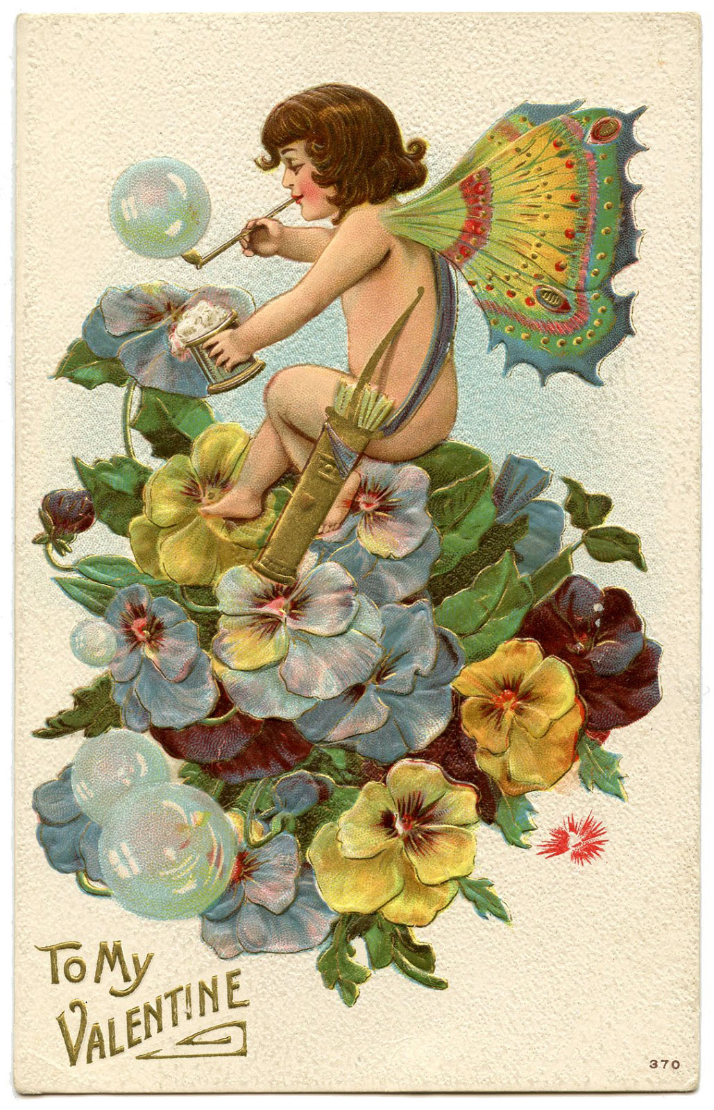 Fairy cupid on pansies