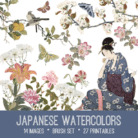 Japanese watercolor with flowers and lady