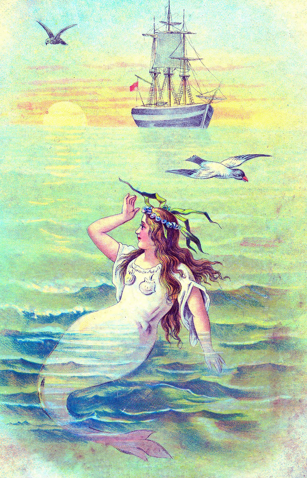 Mermaids with Birds Sailing Ship Picture