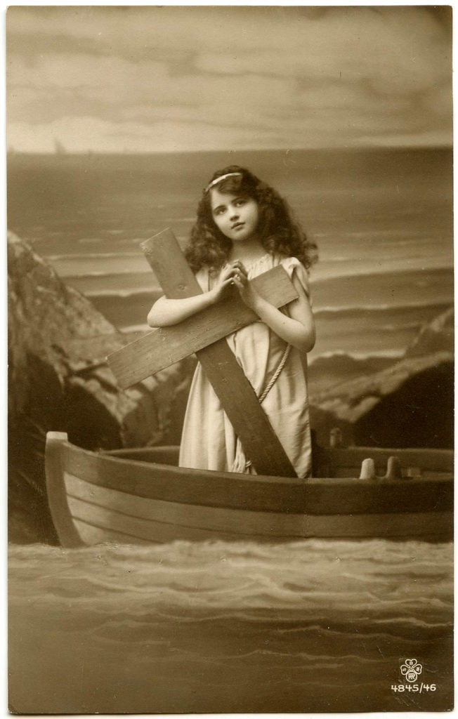 Vintage Photography - Children - Girl in Boat with Cross