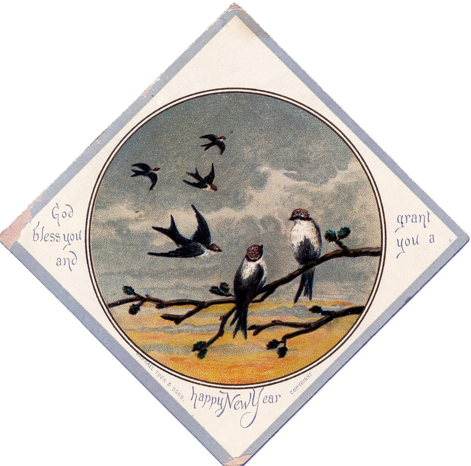 Vintage New Years card with Diamond shape that shows a branch with Swallows on it