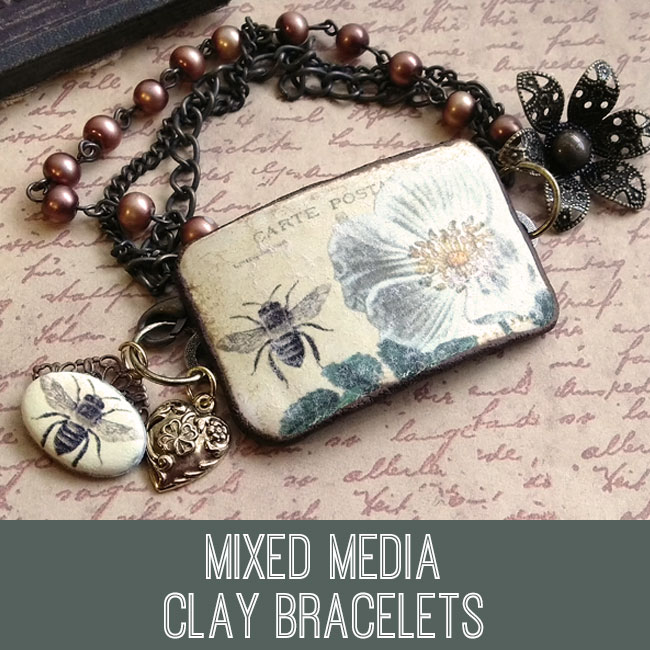 Mixed Media bracelet with bees and flower