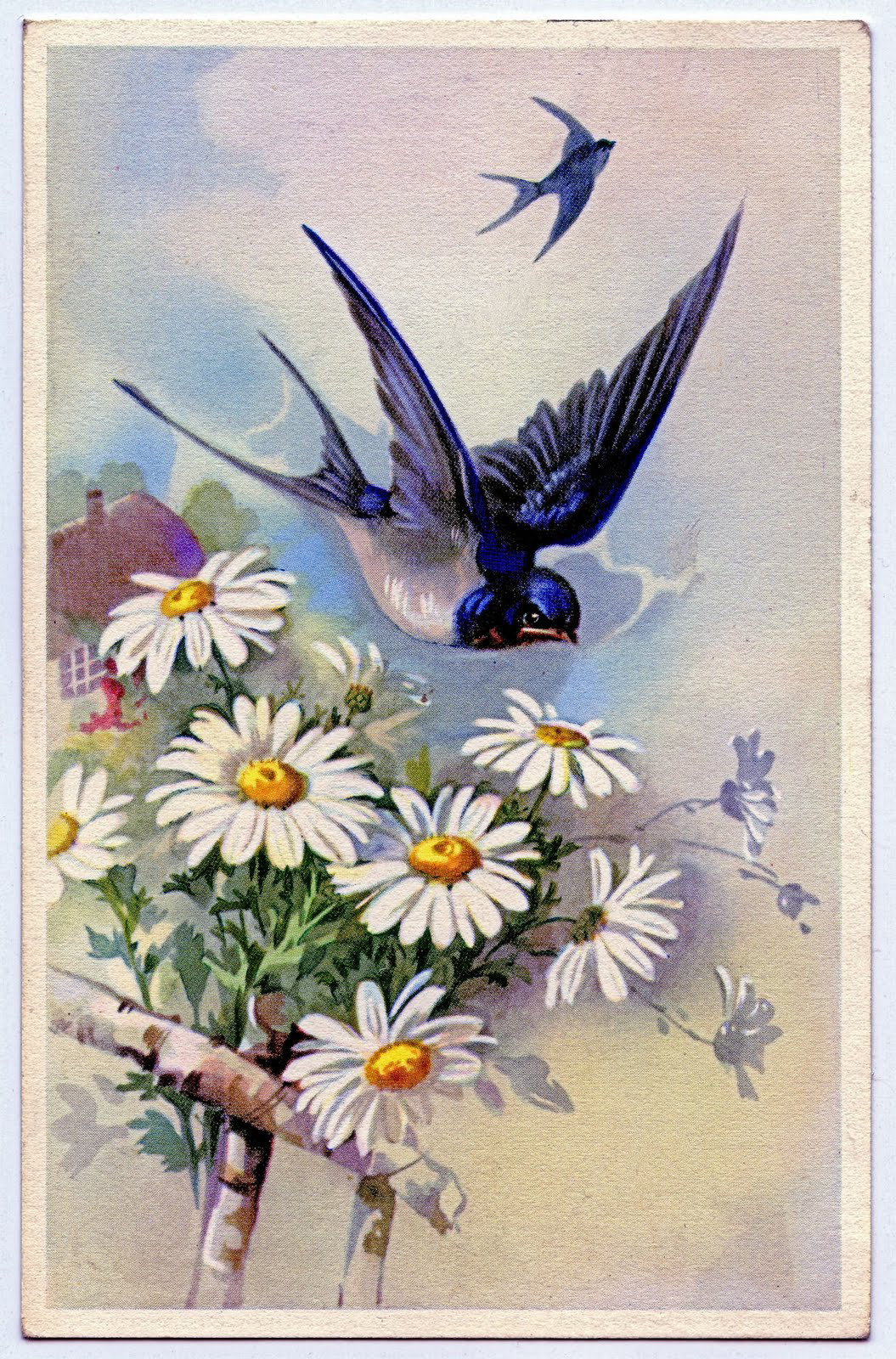 A painting of a flower with a bird