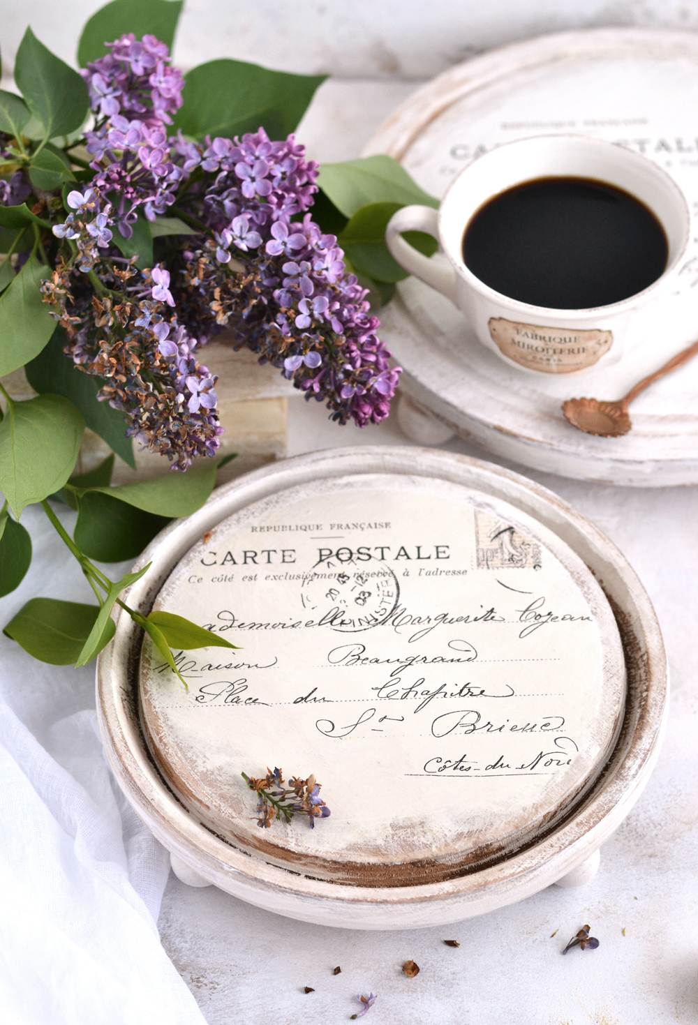 DIY Coffee Stained French Tray Risers