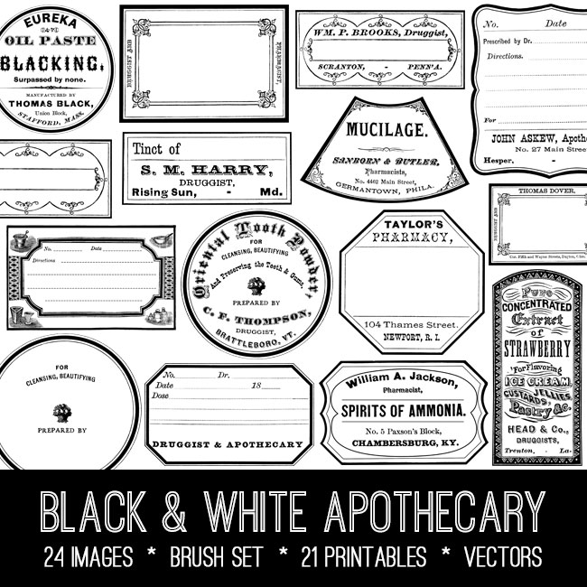 Black and white Apothecary Labels