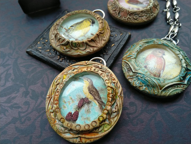 Bird pendants on table