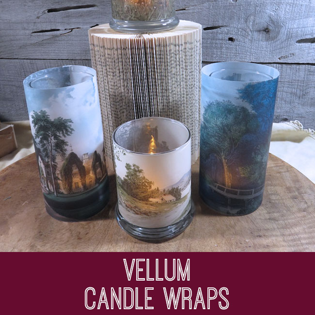 Candles wrapped with vellum scenes
