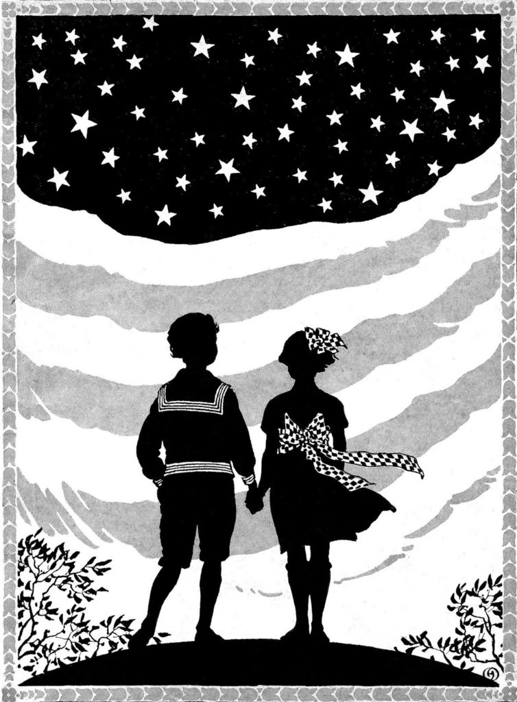 Patriotic Silhouette Flag in Background Children Hold Hands