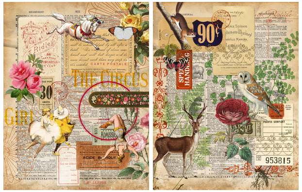 Antique Ephemera Collage with flowers and animals