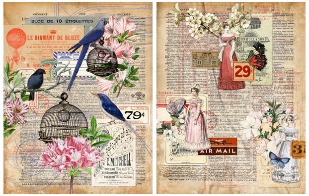 Antique Ephemera Collage with flowers and birds and ladies
