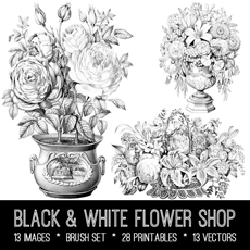 Black and white flowers in vases