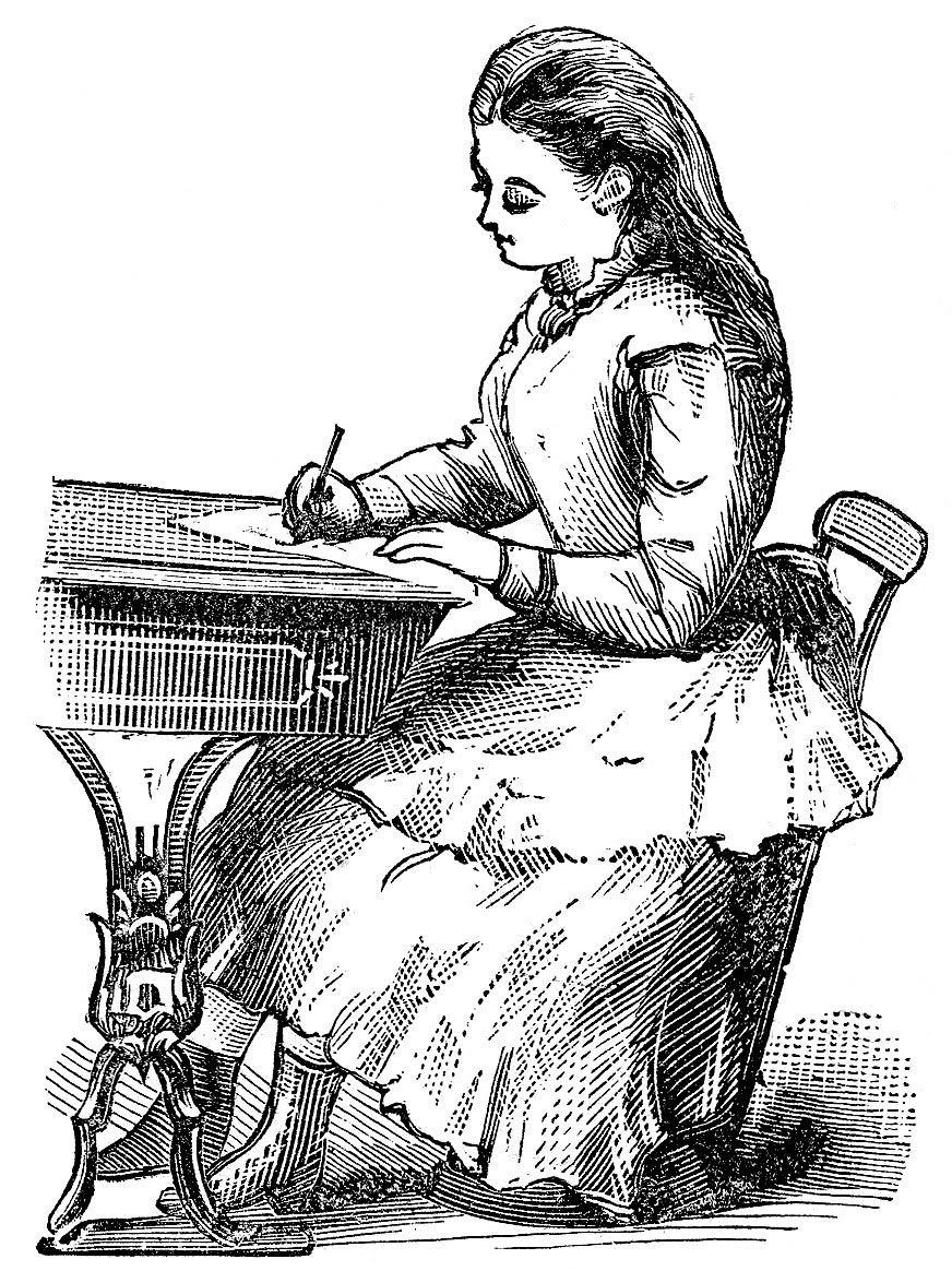 School girl writing at desk clipart