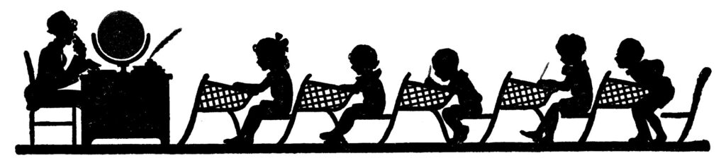 students at Desks with Teacher Silhouette
