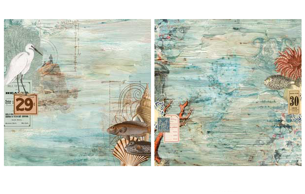 Sea green abstract Paintings Collage with sea life