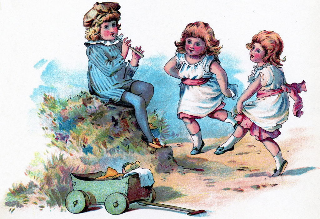 antique dancing children flute illustration