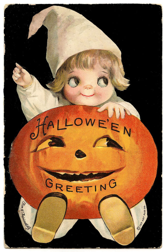 vintage image Halloween child with pumpkin