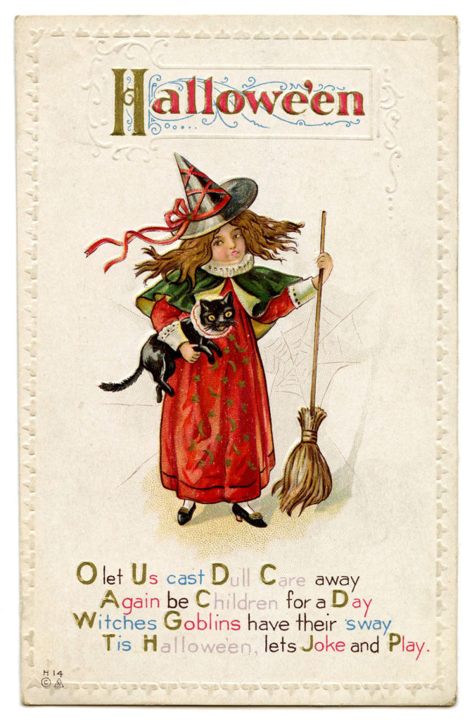 Halloween Witch Girl with Broom and Cat