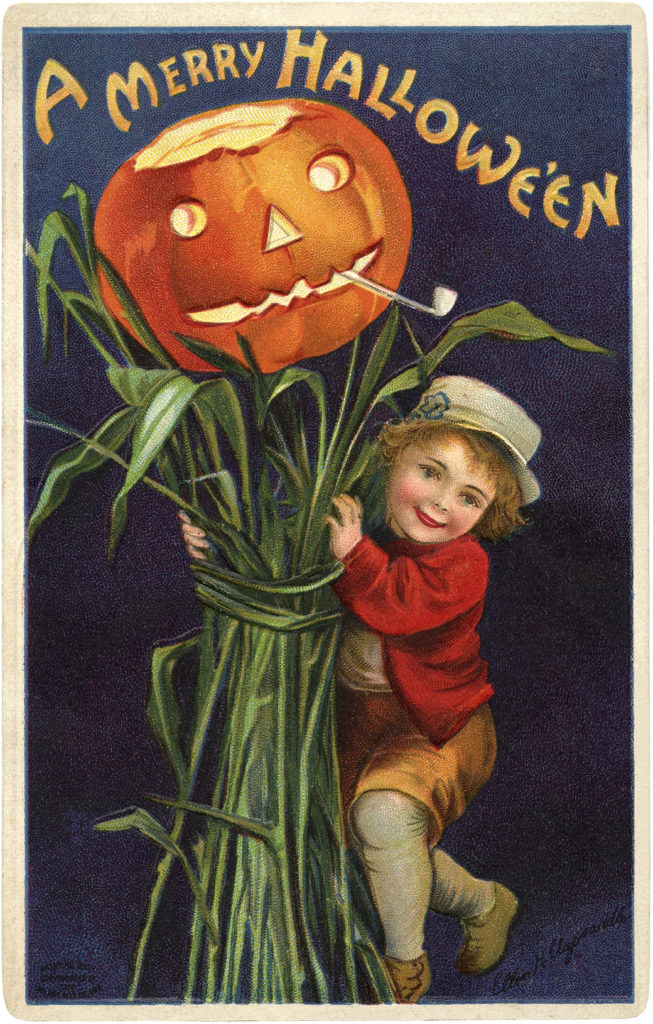 child cornstalks pumpkin image