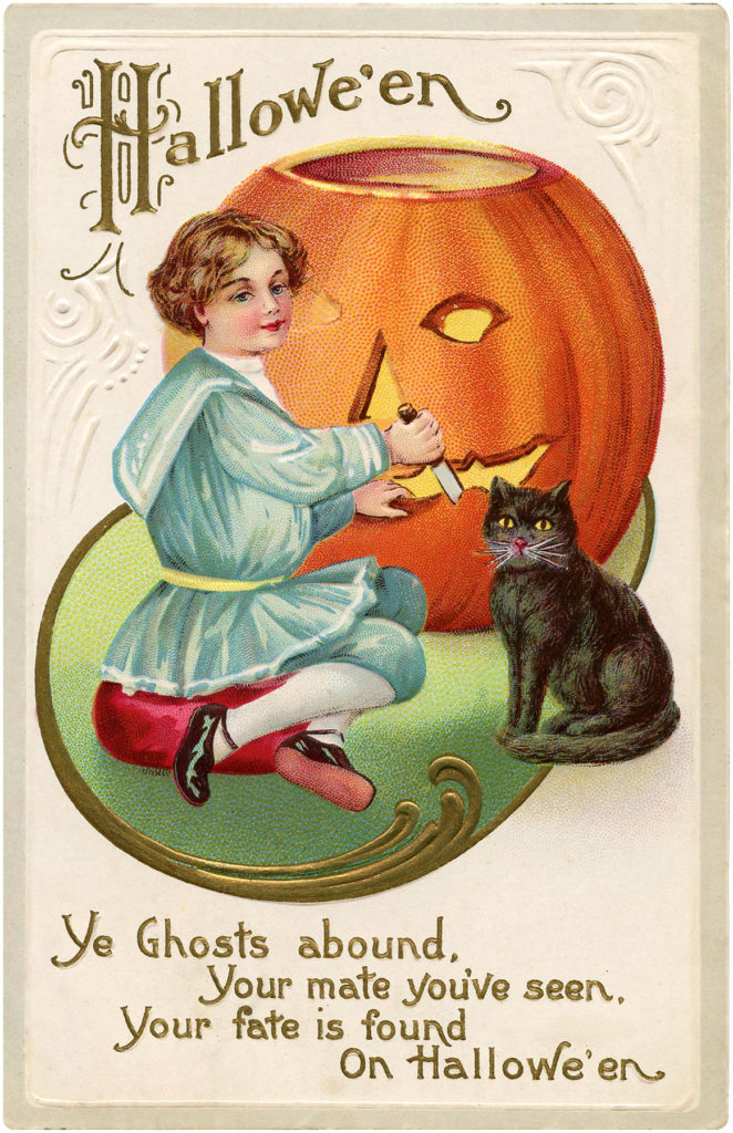 girl carving pumpkin cat image