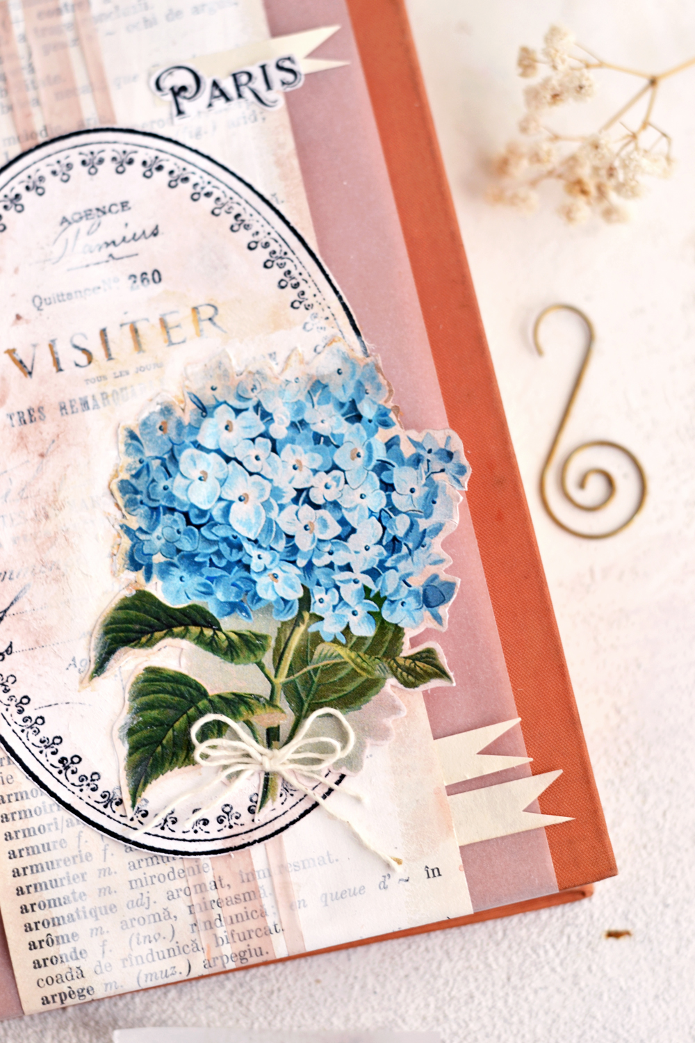 DIY Vintage French Art Journal Cover - learn how to easily make this DIY project using supplies that you might have around and an old dictionary! #DIY #vintage #freeprintable #hydrangea #artjournal #junkjournal 