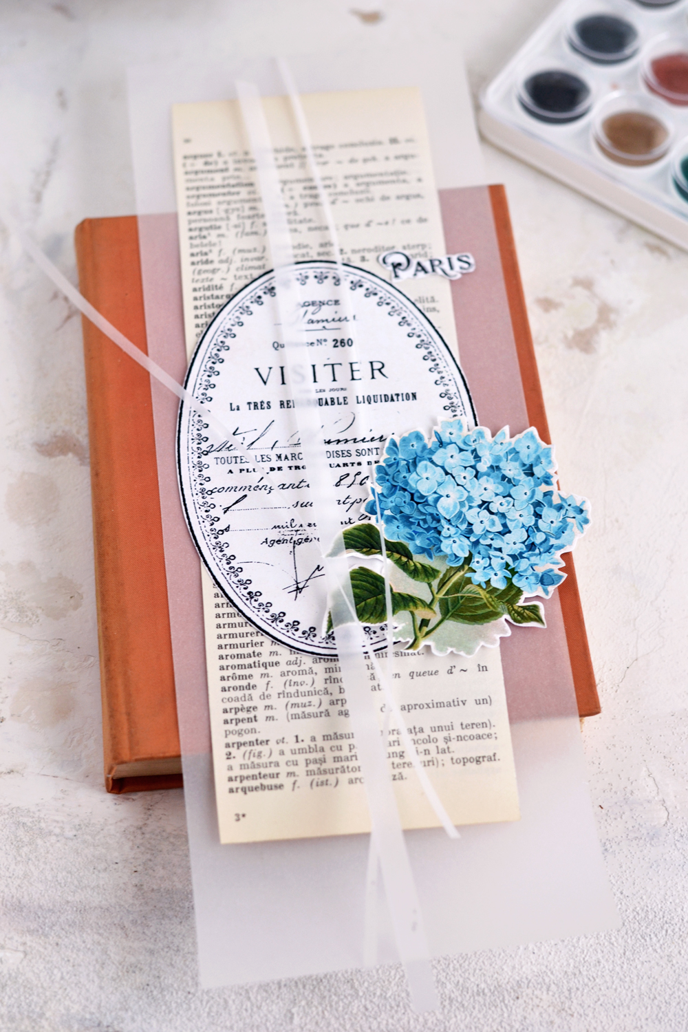 Hydrangeas with french labels book cover laying out on book