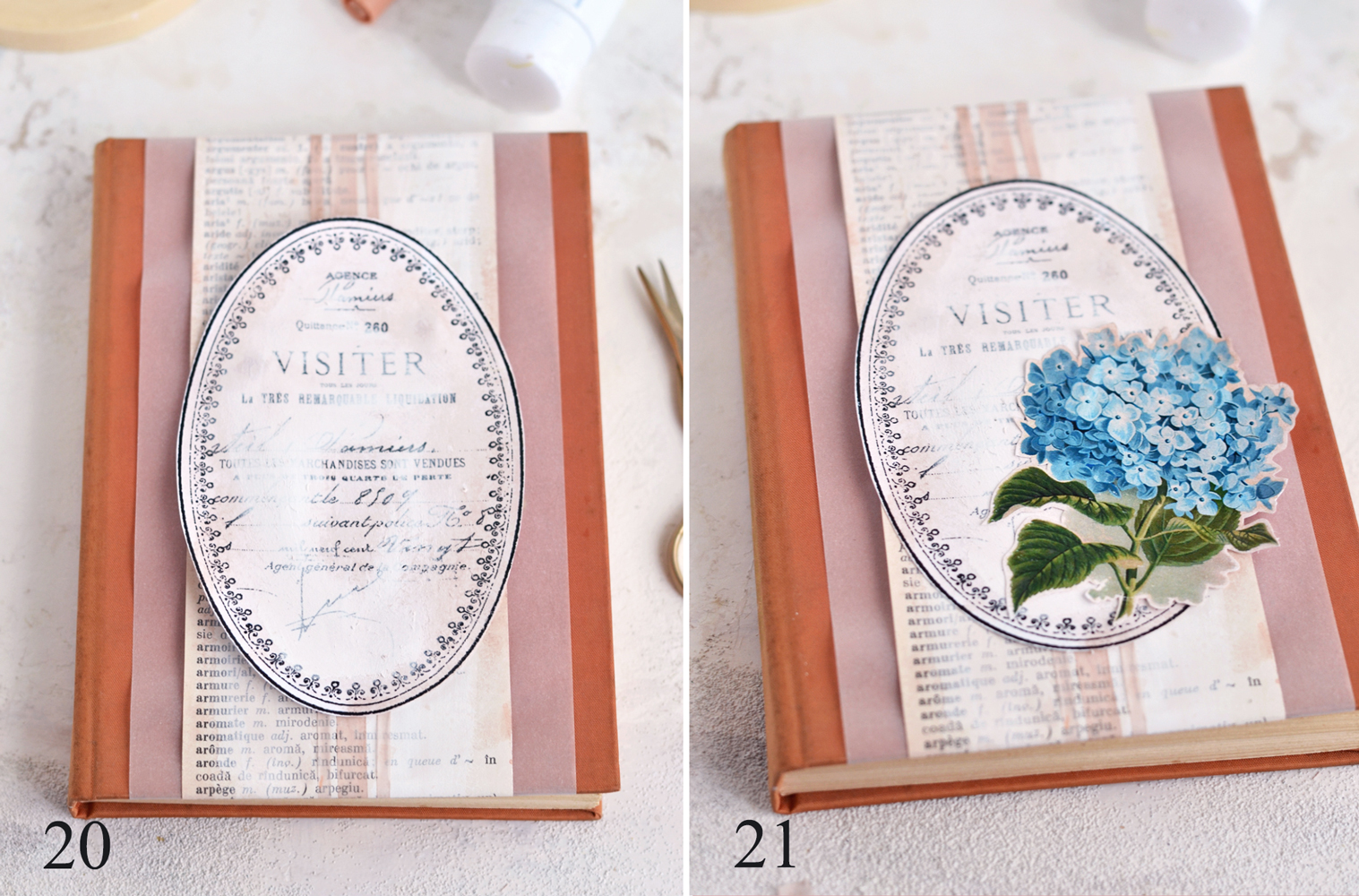 attaching labels and hydrangea to book cover
