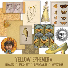 Yellow Ephemera Digital kit with shoe, people, and bird