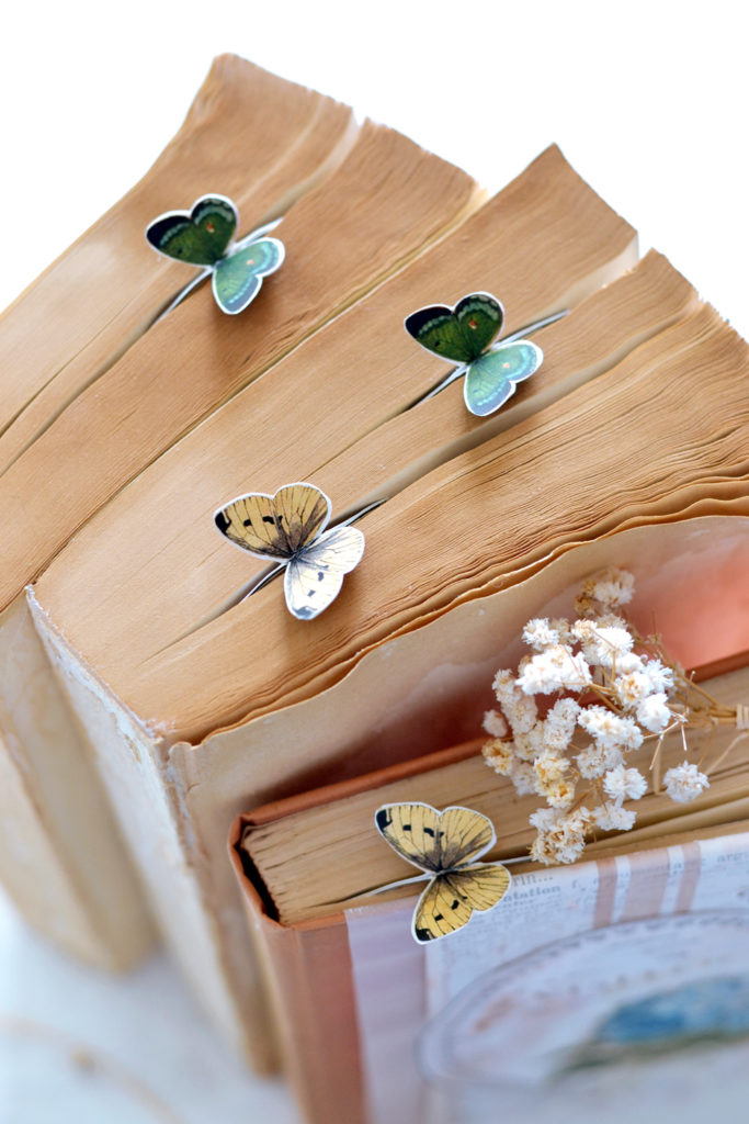 Butterflies floating in books