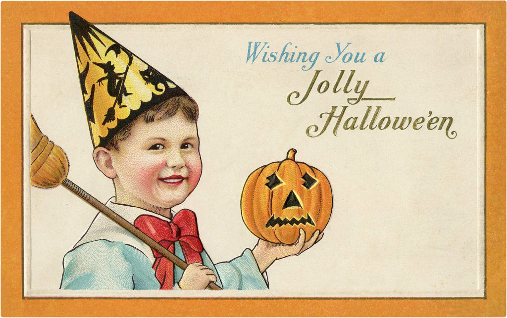 Halloween Boy with Party Hat and Pumpkin