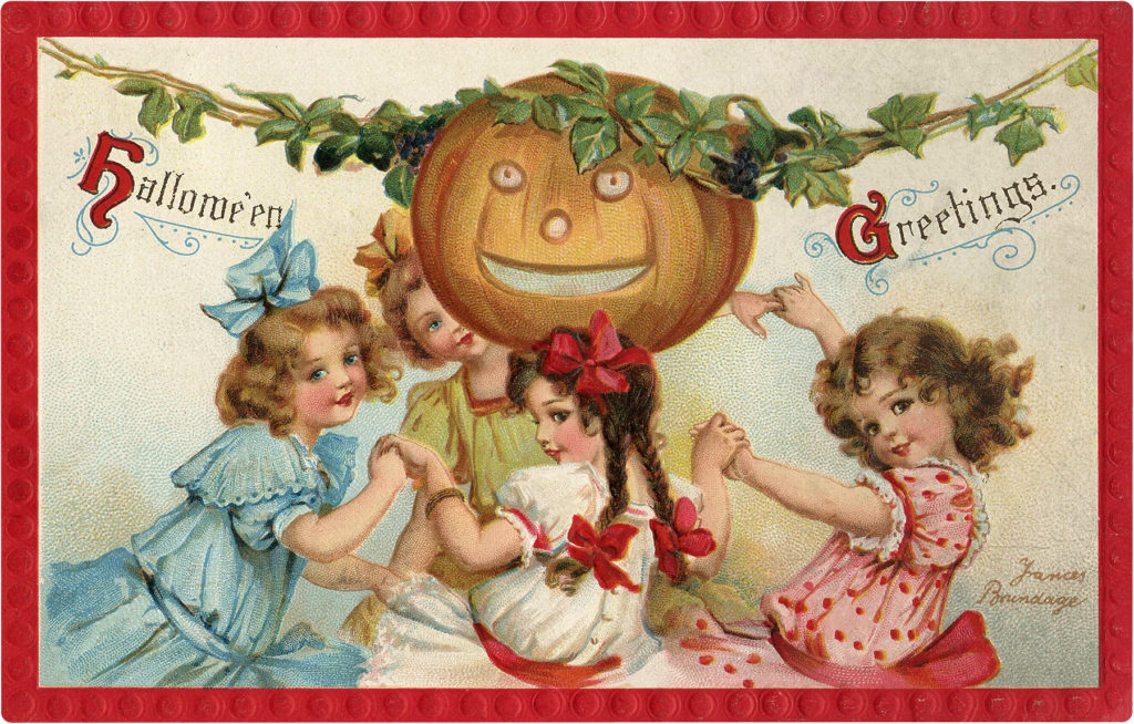 Halloween Girls Dancing with Pumpkin