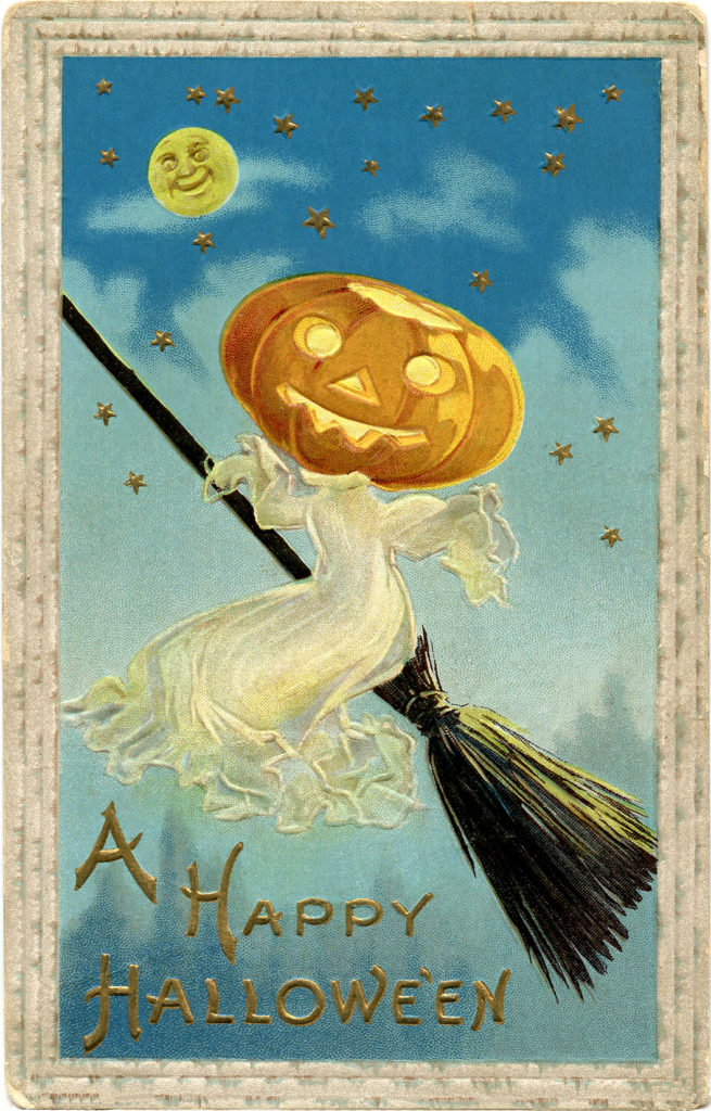 vintage pumpkin head ghost broom image