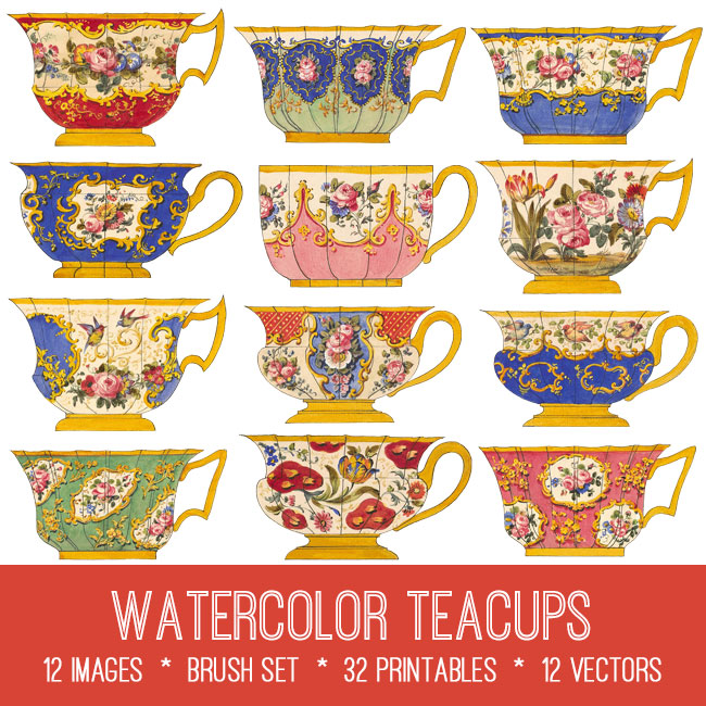 watercolor teacups vintage images