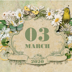 Floral wreath with March 3 date and bird