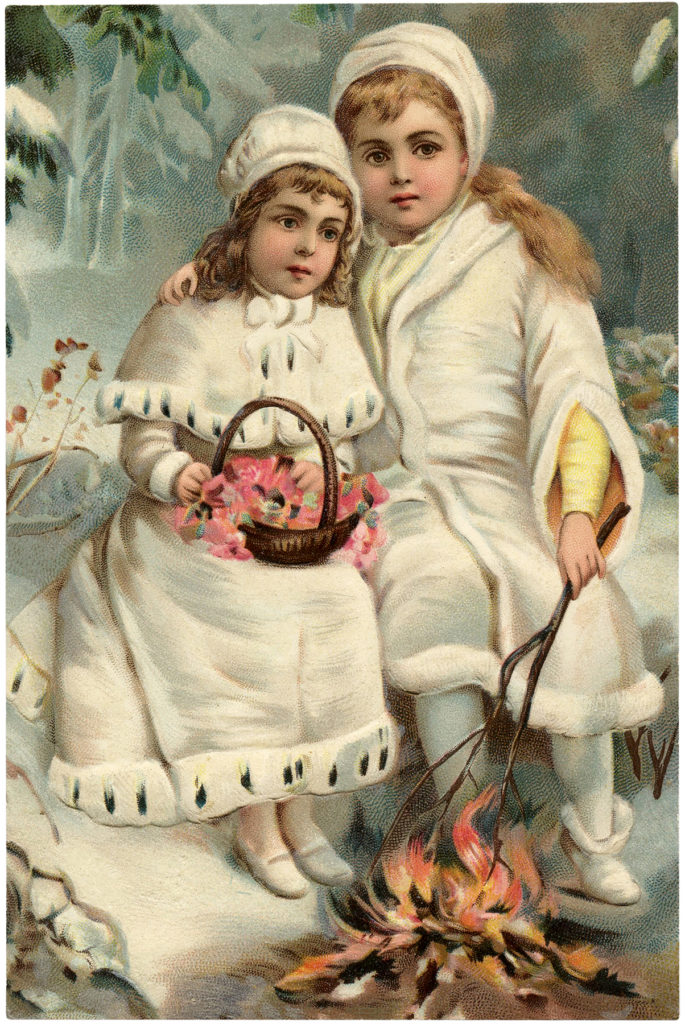 Girls Flowers Christmas Campfire Snow Image