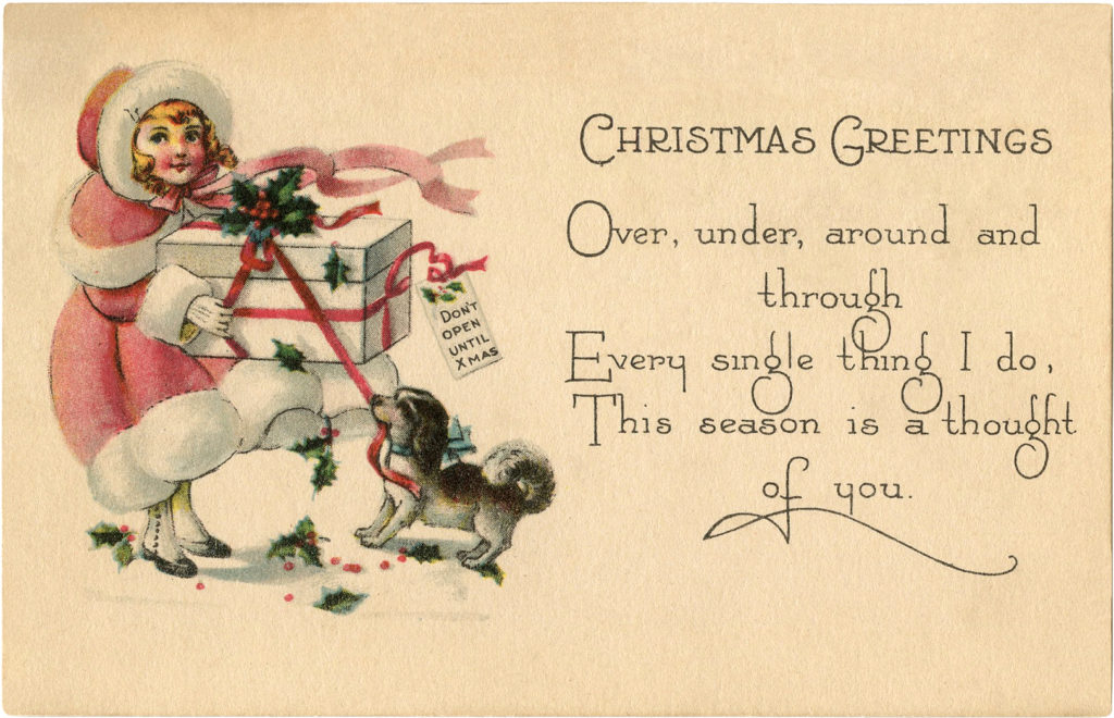 girl christmas presents vintage illustration