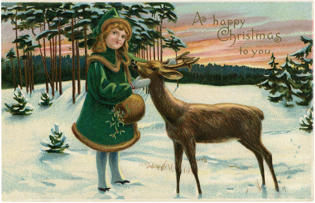 Girl Winter Snow Muff Deer Illustration