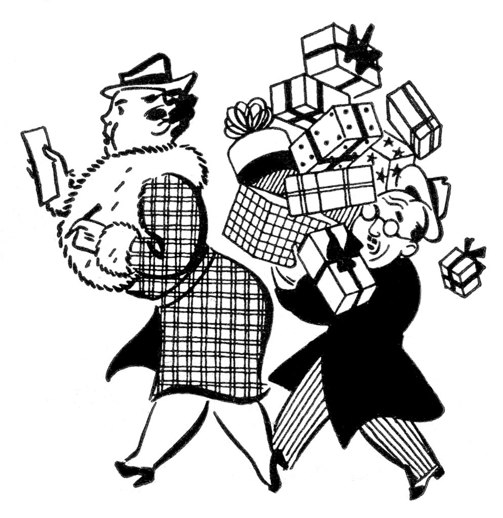 retro christmas shopping couple presents clipart