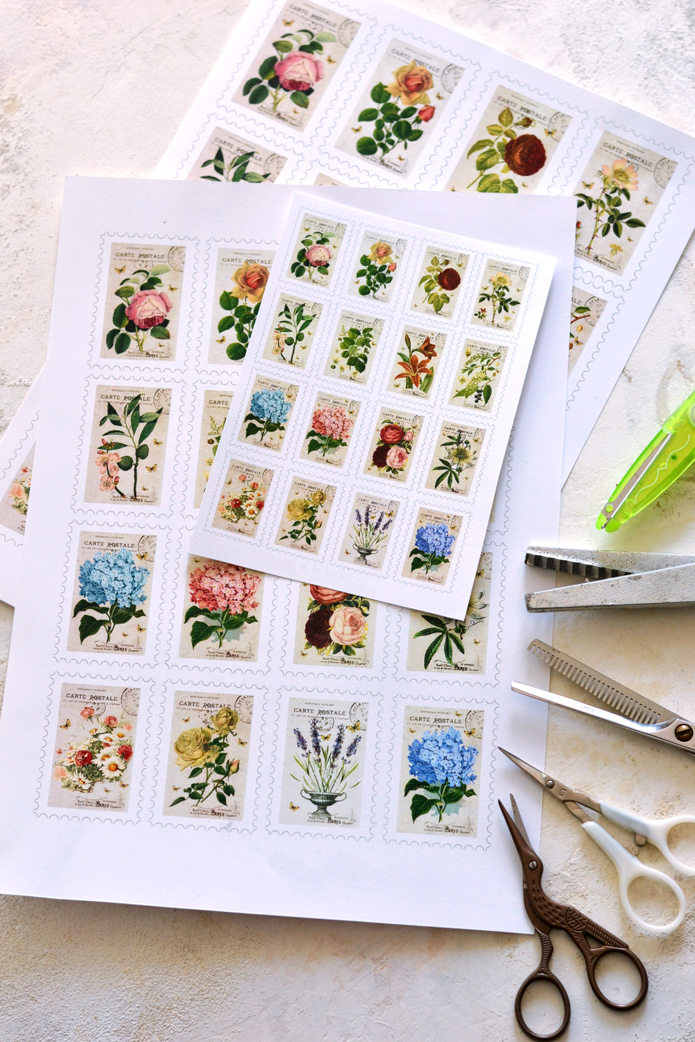 floral Postage Stamps and scissors